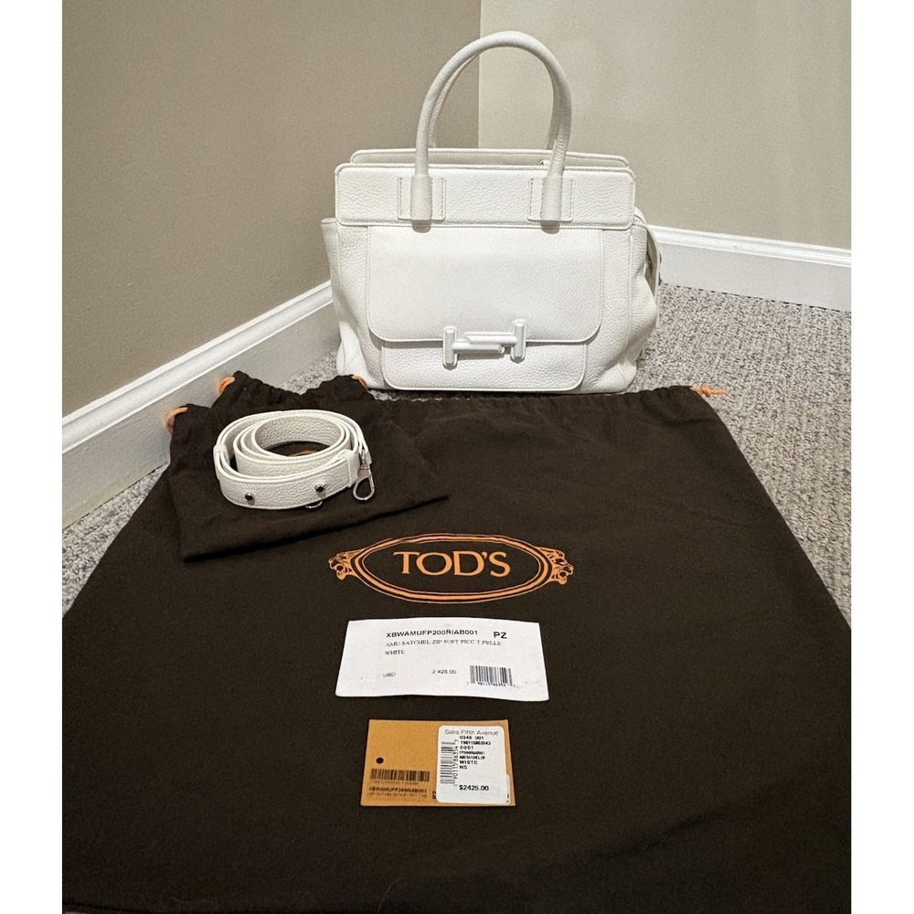 NWT Tod's Double T Leather Satchel Bag White Soft Luxury Full Set MSRP $2425